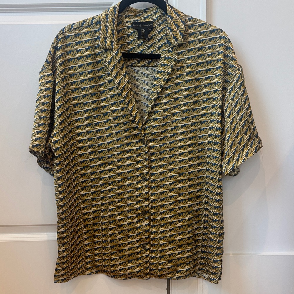 House of Harlow 1960 Satin Black and Gold Retro Patterned Shirt